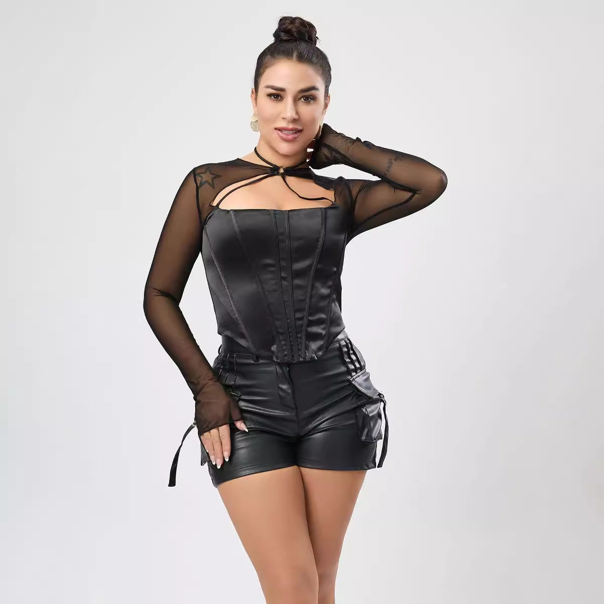 Club Wear Micro Elastic Satin Mesh Stitching Bone Hollow Out Cutout Zipper Sexy Short Top Bella Mia